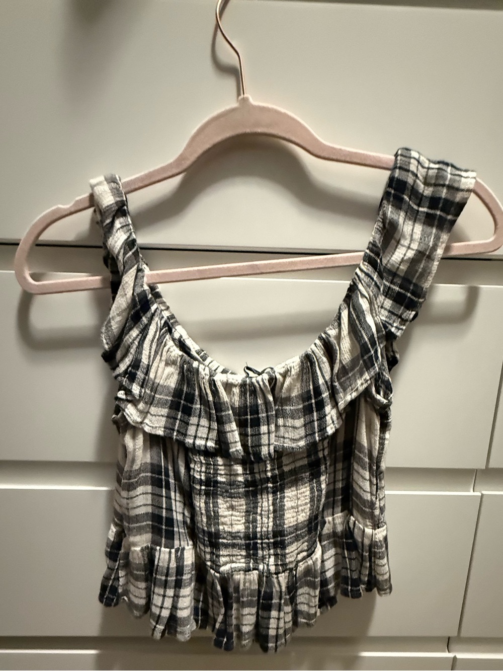 American Eagle Black White Plaid Ruffle Peplum Tank Top Size M
